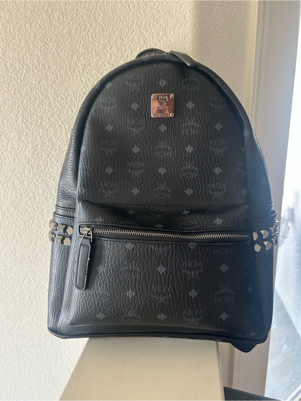 MCM Black Logo Studded Leather Backpack